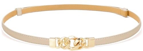 Buywis Women Skinny Belts PU Leather Thin Waist Belt Ladies Belt with Gold Buckle for Dresses 120cm Beige Fit Waist 34-45
