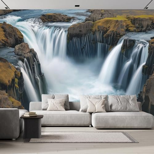 Seide Fototapete Herrlicher Wasserfall 400x280cm - Foto Tapete Isländische Landschaft, XXL Wandtapete Motivtapeten Bildtapete 3d Effekt Wand Dekoration für Schlafzimmer, Wohnzimmer, Flur
