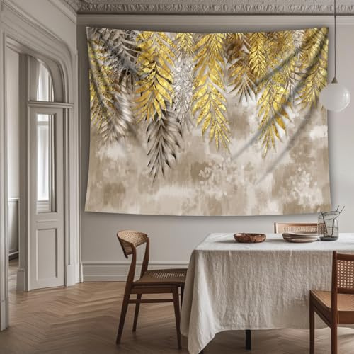 Arsey Wandteppich mit Vintage Gold Blattgold Pflanzenblätter Wandtuch, Grau- Gold Design Wandteppich Aesthetic für Schlafzimmer Wohnzimmer Sofa-Hintergrund Deko, Gelb, 200x150cm