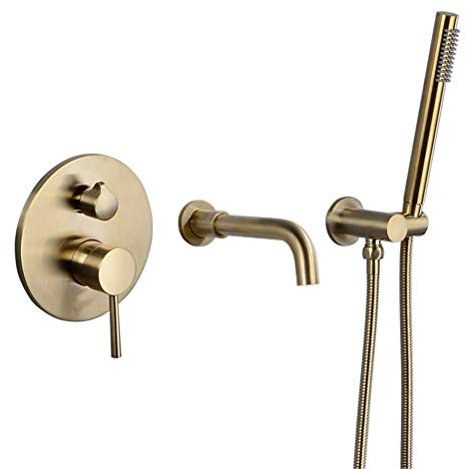 MESOVFCA Ensemble de robinetterie de Douche en Laiton brossé doré, Ensemble de Douche de Baignoire Mural, Robinet de Baignoire encastré, mitigeur à 2 Fonctions avec douchette à Main