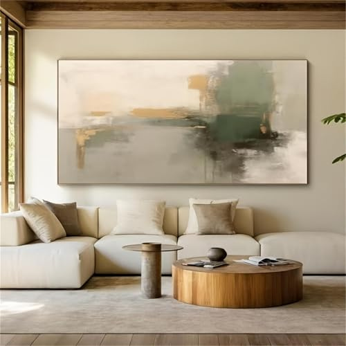 DFZEWKI Großer abstrakter Ölgemäldedruck auf Leinwand, modernes grün-goldenes Beige, Wandkunst, Leinwandbild, Kunstwerk für Wohnzimmer, 70 x 140 cm, rahmenlos