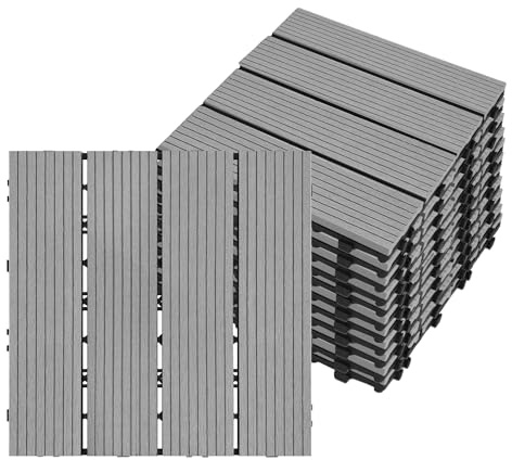 YRHome 22 Stück WPC Terrassenfliesen WPC Fliesen 30x30 cm Holzoptik Klickfliesen 2m² Balkonfliesen Klicksystem Terrassendielen Klickfliese Kunststoff Bodenfliese mit Drainage Hellgrau (Typ D)