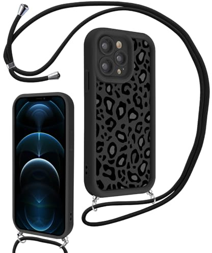 Xylota Funda con Cuerda para iPhone 12 Pro MAX, Silicona Suave TPU Cordon Leopardo Carcasa, Ajustable Colgar Collar Correa de Cuello Cadena Protector Bumper para iPhone 12 Pro MAX 6,7'' - Negro 01