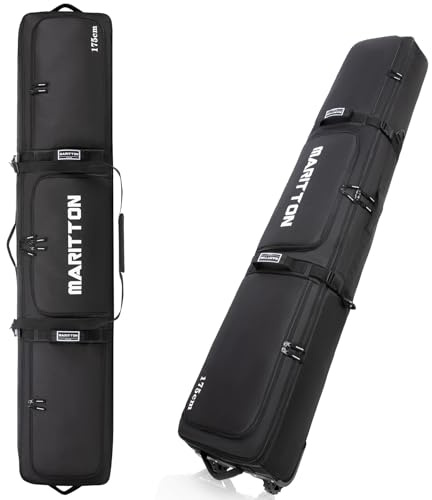 MARITTON Doppelrollende Skitasche mit Rollen, gepolsterte Skitasche für Flugreisen für 2 Paar Ski bis 175 oder 190 cm (Schwarz, 175 cm)