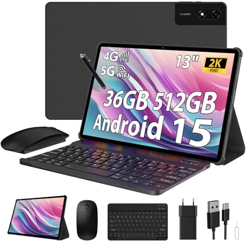 DRIVNEXT Tablet 13 Zoll Android 15 Tablet mit 5G WiFi 4G LTE,36GB RAM+512GB ROM (1TB TF), 11580mAh,Octa-Core, 2960 x 1848HD, GPS, GMS, BT 5.0, FaceID, Mit Tastatur, Maus, Holster, Stift, Schwarz