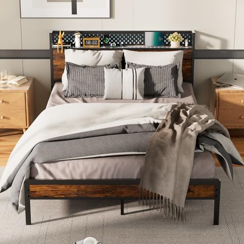 KUTAS Bett 140 x 190 cm, Bettgestell 140 x 190 mit Stauraum-Kopfteil & LED-Lichtern, Metallbett mit 3 USB & 1 Typ-C, 14 Reihen Metalllatten & ohne Boxspringmatratze, Stauraum unter dem Bett, Braun