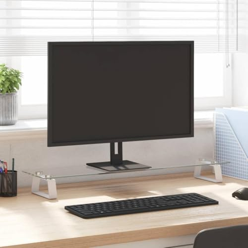 QUAHEAS Monitor Stand White Tempered Glass and Metal 80 x 20 x 8 cm Ergonomic Raised for Computer Desk and Desk with Additional Storage Space Space for Office Home Office