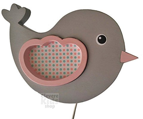 Clevere Kids Kinder Wandlampe Alle Meine Tiere Holz Handarbeit A++ (Vögelchen grau-rosa)