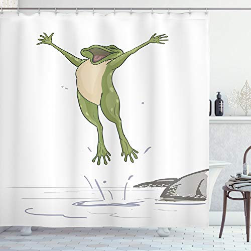 ABAKUHAUS Frosch Duschvorhang, Glückliches Springen Toad Humor, Stoffliches Gewebe Badezimmerdekorationsset mit Haken, 175 x 220 cm, Grün Grau