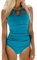 CUPSHE Damen Badeanzug mit Zierausschnitt Raffung Bauchweg Strandmode High Neck Einteilige Bademode Swimsuit Türkis M