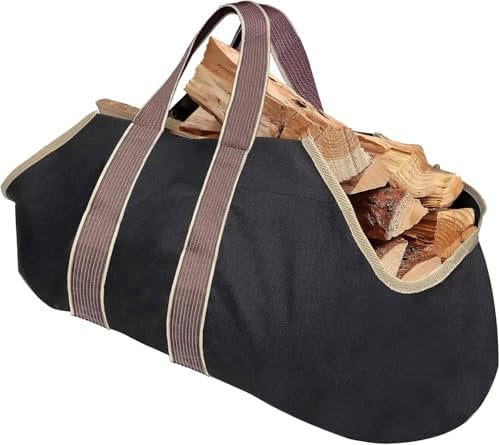 Amagabeli Large Canvas Log Carrier Bag 39”x18” Durable Waterproof Fireplace Log Holder Baskets Log Storage Indoor Wood Baskets for Logs Firewood Basket Outdoor Wood Storage Waxed Black
