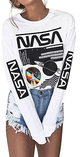 Dresswel Women NASA Shirt Pullover Planet Rokect Graphic Print Crew Neck Long Sleeve Tops Blouse White, XL