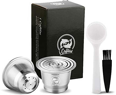 i Cafilas Lot de 2 capsules de café rechargeables réutilisables pour machines Nespresso avec 1 cuillère en plastique et 1 brosse de nettoyage