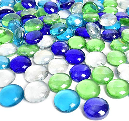 HUIANER Round Glass Pebbles 450g, Flat Stone Marbles Table Scatter Gems for Vase Filler Aquarium Decor Garden Decoration (Dark Blue, Light Blue and Clean)