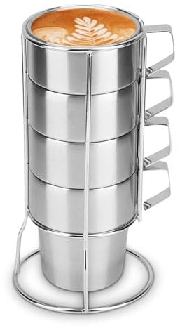 Tazas de café de acero inoxidable apilables, tazas de café con soporte de metal aislado Tazas de té de doble pared aislado tazas para beber para la tienda de café en casa