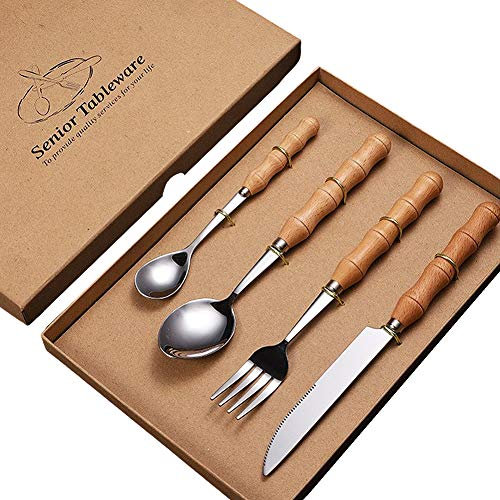 CANDeal 4PCS Juego de Cubiertos de Acero Inoxidable con Mango de Madera, Juego de Cubiertos de diseño clásico en Caja de Regalo Kraft