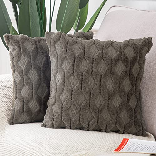 Madizz 2er Set Sanft Plüsch Kurze Wolle Samt Dekorativ Zierkissenbezüge Luxus Stil Kissenbezug für Sofa für Schlafzimmer Taupe 65x65 cm Quadrat