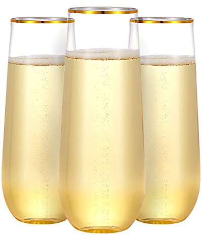 N9R 36PCS Plastic Champagne Flutes, 9 Oz Stemless Disposable Gold Rim Toasting Glasses, Crystal Clear Cocktail Cups Drinkware Shatterproof Ideal for Party Wedding Birthday