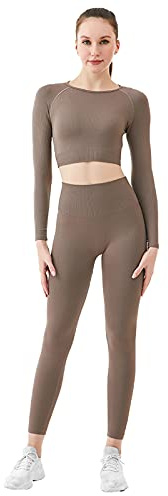 Jamron Damen Stretch Yoga Kleidung Set Crop Top+Leggings 2PCS Trainingsanzug Gym Fitness Activewear SN070604-4 Braun S