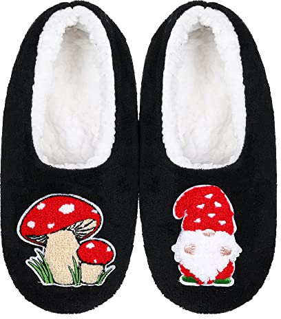 ZYZX Chaussons Lounge à semelle avec gel antidérapant-Doublure en polaire sherpa chaude-Doux Duveteux Chaussette pour Intérieur-Cadeau de Noël(Gnome Mushroom)