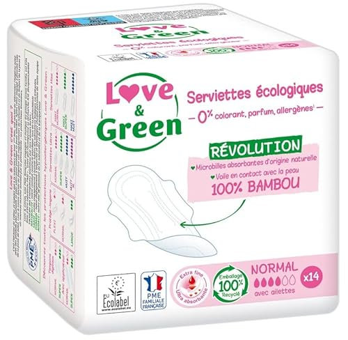 SERVIETTES NORMALES NATURELLES 0% X14, LOVE & GREEN, LOT DE 3