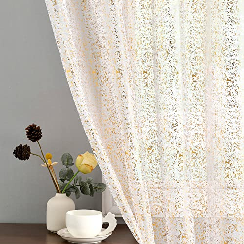 TERLYTEX Durchscheinende Vorhänge, metallic-goldfarben, glitzernd, 244 cm Länge, für Wohnzimmer, Stangendurchzug, Sichtschutz, 2 Schals, je 132 x 244 cm, Gold/Weiß