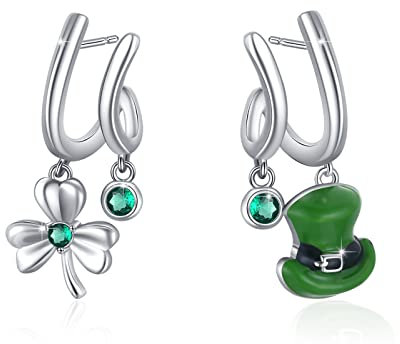 Kleeblatt Ohrringe 925 Sterling Silber Klaue Ohrstecker mit grün Hut Kleeblätter asymmetrische Ohrringe Irish Schmuck St. Patrick's Day Geschenk für Frauen Mädchen