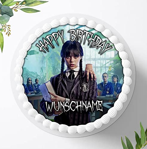Für die Geburtstags Torte, Zuckerbild kompatibel mit: Wednesday Tortenbild Personalisiert mit oder ohne Wunschname, Essbares Foto für Torten, Fondant, Tortenaufleger Ø 20cm, 1001Z