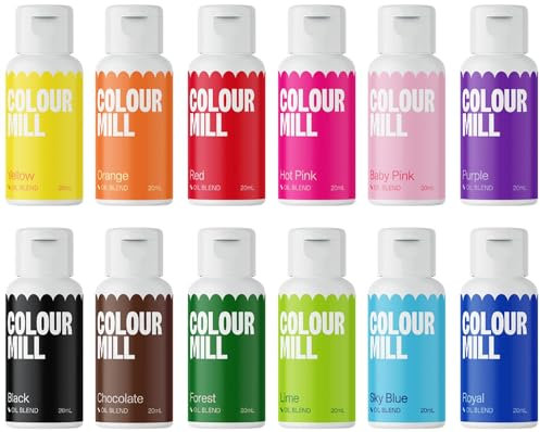 Colour Mill Oil Blend Kickstarter Lebensmittelfarben auf Ölbasis - Lebensmittelfarben: Yellow, Orange, Red, Hot Pink, Baby Pink, Purple, Blac, Chocolate, Forest, Lime, Sky Blue, Royal - Set/12