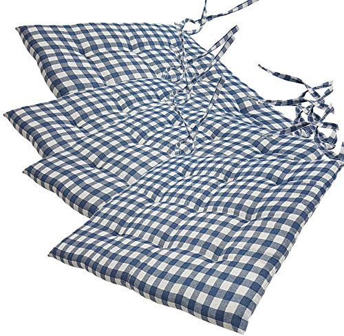 NYVI Stuhlkissen 40x40 cm ComfySeat Blau Weiß kariert 4er Set - Sitzkissen mit Bändern/Schleife, 9-fache Steppung - Indoor & Outdoor - Gartenstuhlkissen aus Baumwoll-Mischgewebe - ÖkoTex 100