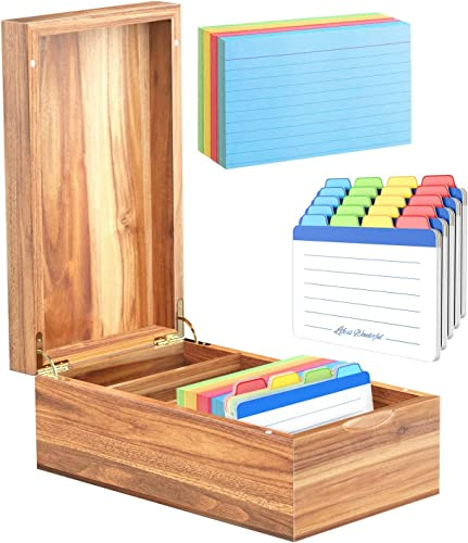 Neando 7.6x12.7 cm Karteikartenhalter, Akazienholz-Karteikartenbox mit 20 Karteikarten und 200 Notizkarten, Notizkarten-Organizer-Etui, Holz-Schreibtisch-Organizer, 14 cm Bx25 cm Tx10 cm H
