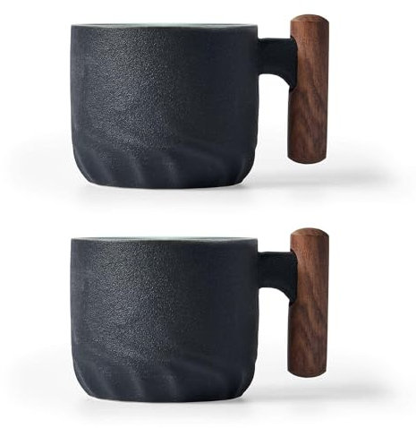 BlogBlog Ceramic Espresso Cups with Wooden Handle Espresso Shot Cups Ceramic Tea Cups Porcelain Demitessa Cups for Coffee or Tea, 3oz (black, 2)