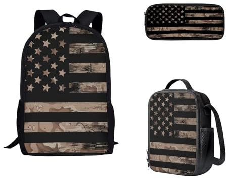 KEIAHUAN Rucksack für Jungen und Mädchen, 3-in-1, mit Lunchtasche und Federmäppchen, American Flag Camo, Large, Tragetaschen-Rucksäcke
