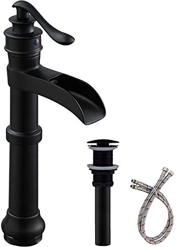 Schwarzer Waschbecken-Wasserhahn für Badezimmer, Wasserfall, Waschbecken über der Theke mit Pop-up-Ablaufgarnitur, Einhand-1-Loch-Waschtisch-Waschtisch-Zulaufschlauch, bleifreier Mischbatterie small