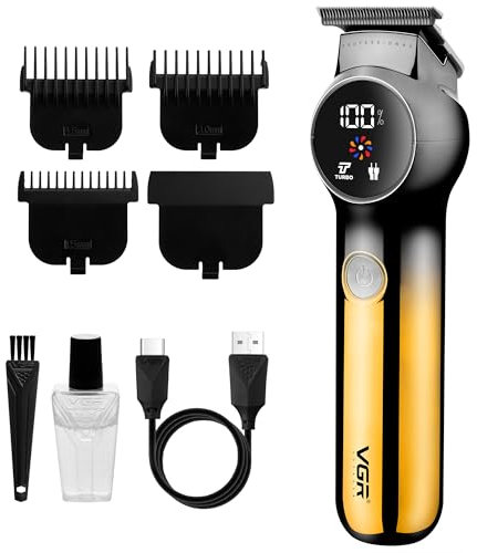 VGR Cortadora de barba eléctrica para hombre con modo turbo y cuchillas de cerámica de precisión, detallador profesional recargable, cortadora de pelo inalámbrica para rastrojo, Dorado-negro