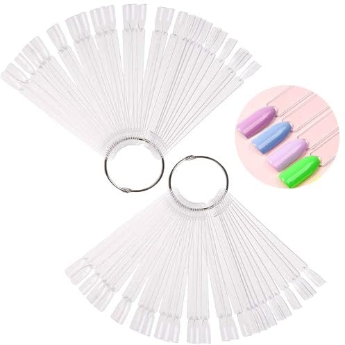 XFentech 100 Stück Nagelproben Fächerförmige Nagelmusterstäbchen Nagelfarben Display Tips - Transparente Kunstspitzen Farbstifte mit Metallring für Nagelstudio und Anfänger