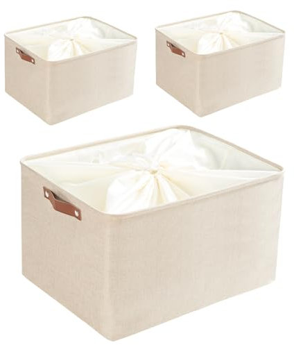 Mangata Aufbewahrungsboxen mit Kordelzug,[3 Pack] Jumbo-Leinenstoff, verdickter Aufbewahrungskorb für Kissen, Steppdecke, Regal (XXL, Helles Khaki)