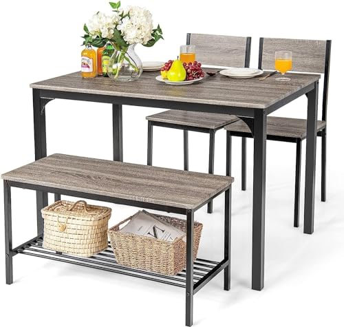 RELAX4LIFE Set Tavolo e Sedie da Cucina con Tavolo da P ranzo, Panca e 2 Sedie, 4 Posti, in Design Industriale gruppo sedute con Ripiano in MDF e Struttura in Metallo (grigio)