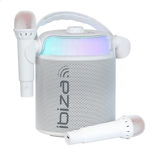 Ibiza - KARAHOME-WH - Altavoz Karaoke a Pilas con Dos micrófonos inalámbricos (a Pilas) - Bluetooth, USB, MicroSD, USB, AUX y Coax - Blanco