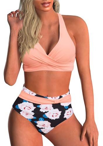 Baynetin Conjunto de Bikini Mujer Sexy de Dos Piezas Push Up Acolchado Retro Impreso Halter Backless Bikini Control de Vientre de Cintura Alta Traje de Baño (Rosa, L)