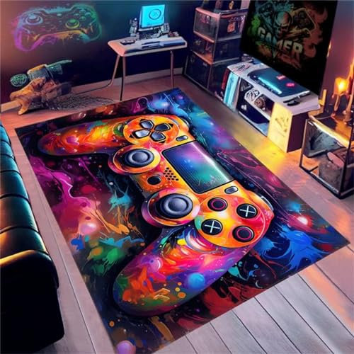 PEIHUODAN Tapis Chambre Gamer Ado Tapis Sol Gaming Deco Chambre Garcon Enfant Tapis De Salon Moderne 3D Antidérapant Hip-hop Néon Coloré Graffiti Game Console Flanelle Doux Carpets (Orange,80x120cm)