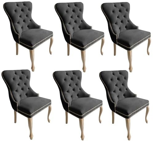Meble Ares Esszimmerstühle 6er Set Madame - Glamour Stil - Samt Stuhl Esszimmer - Seselstuhl Wohnzimmer, Schminktisch Stuhl - Ankleidezimmer Möbel - Buchenholz, Gesteppt, Dunkelgrau - Rustikal
