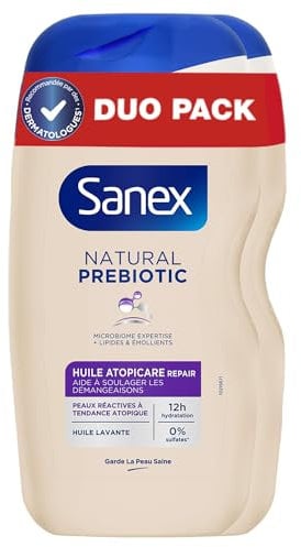 SANEX - Gel douche Natural Prebiotic formule Huile Atopicare - apaise les peaux à tendance réactive et atopique - lot de 2 x 400ml
