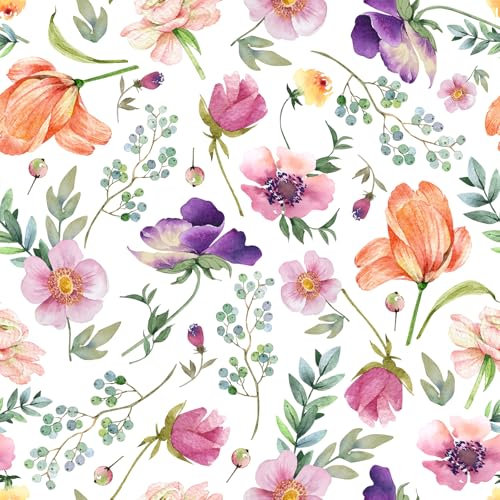 VaryFloral Blumentapete Weiß Fototapete 30.5cmx300cm Klebetapete Grüne Blätter Retro Tapete Blumen Lila Rosa klebefolie Möbel Aquarell Wandtapete Frische Tapeten Wohnzimmer Kabinett Schublade