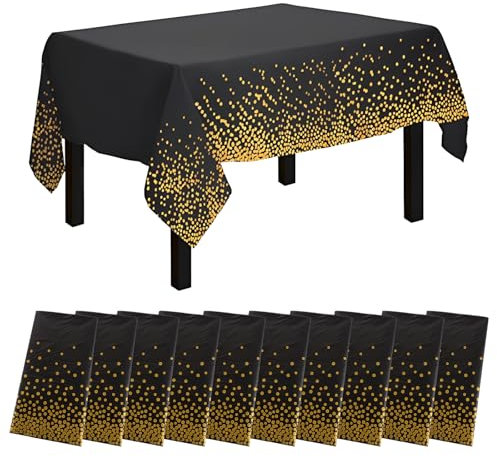 LDHHYHNappe de Table de Fête Noir et Or Jetable LDHHYH - Lot de 10PCS - Effet Tissu - 137x274CM - Nappes Jetables Rectangulaires - Nappe Papier Anniversaire et Rouleau - Idéal pour Décoration de Fête