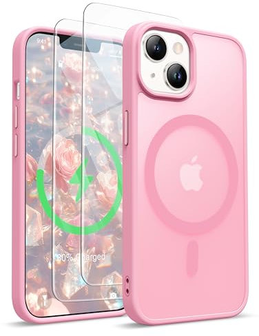 ORETECH for iPhone 13 Case, iPhone 14 Magnetic Case Compatible with Magsafe and 2 Pack Screen Protector Anti Yellowing Ultra Thin Shockproof Matt Frosted Back Phone Case Cover 6.1'' - Light Pink