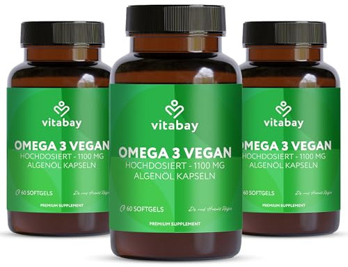 Vitabay Omega 3 Kapseln hochdosiert – 180 vegane Algenöl Kapseln - 2000 mg Algenöl pro Tagesverzehrmenge – mit DHA & EPA im 2:1 Verhältnis – laborgeprüft in Deutschland
