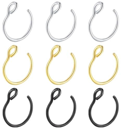 GXGM 9 Pièces Acier Inoxydable Faux Anneau De Nez Bague Au Nez Septum Bijoux De Piercing,3 Coulours,8mm