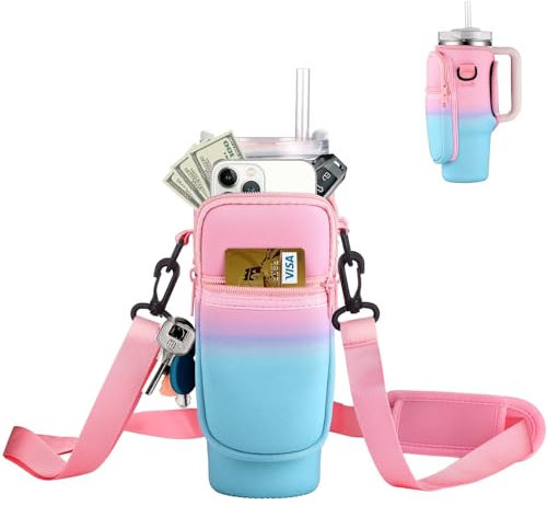 GmwyCzV Porte Bouteille d'eau Stanley 40 oz, Sac Coupe Etanche, avec Réglable Sangle et Poche Téléphone, Sac Isotherme Bouteille, pour Cuppour Marche, Randonnée, Voyage, Camping (Rose)