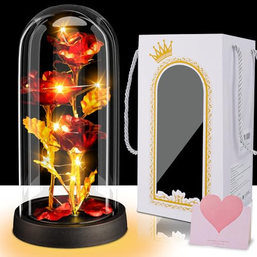 Rose Geschenke Valentinstag für Frauen, Geschenke für Frauen, Ewige Blume im Glas, Valentinstagsgeschenk für Sie, Geburtstagsgeschenk für Mama Freundin Oma, Schöne und das Biest Rose mit LED Licht